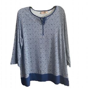 Chico’s Blue White Mosaic Print Keyhole Tie Blouse Top 3 16 XL